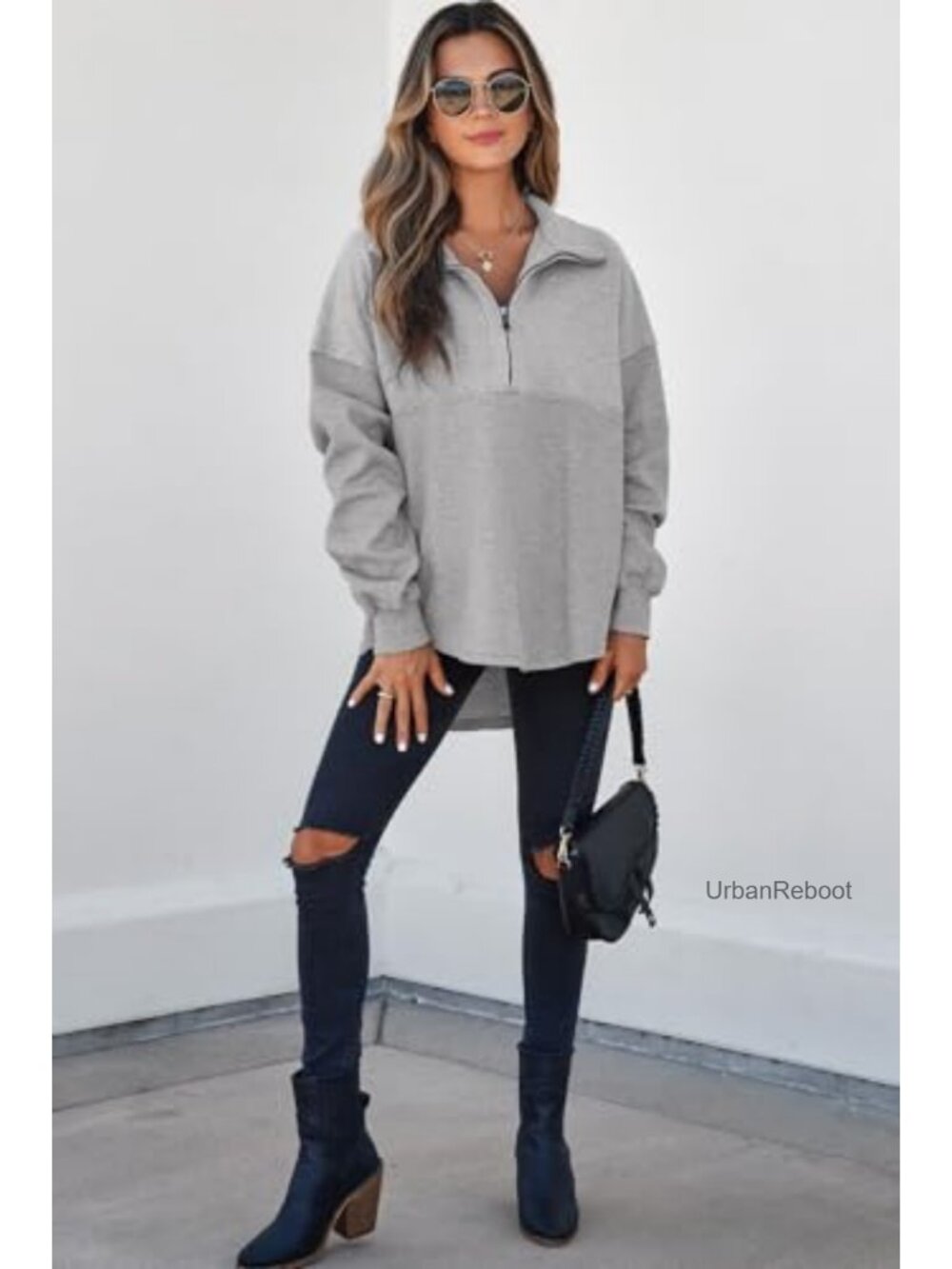 Oversized Half Zip Pullover Sweatshirt Loose Fit Long Sleeve - Picture 4 of 6